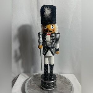 Black & White Nutcracker Figurine Faux Fur Hat Wooden Holiday Decor 18”